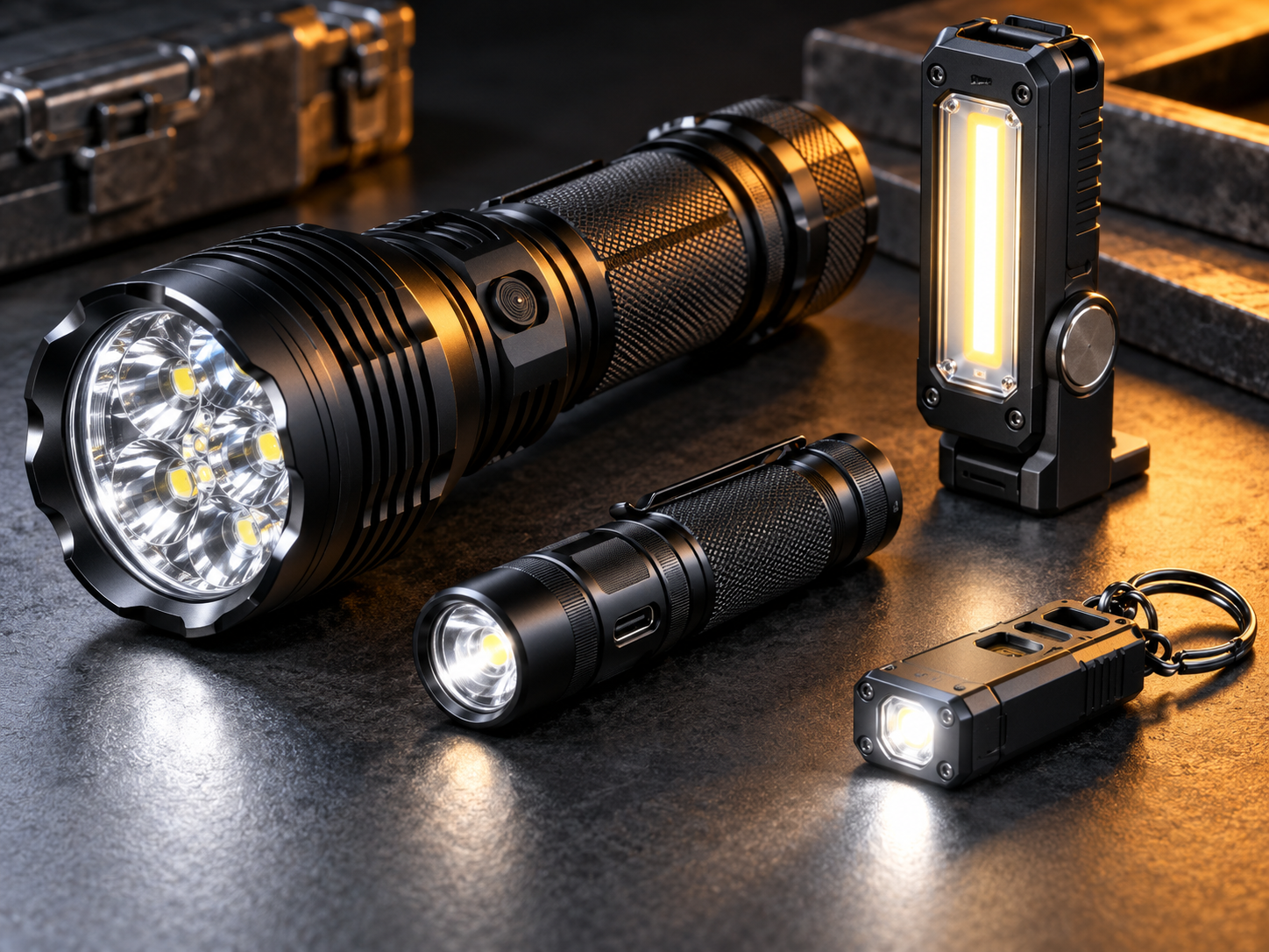 LED Flashlight flashlights, bundles and light trays on a beauty sampling table