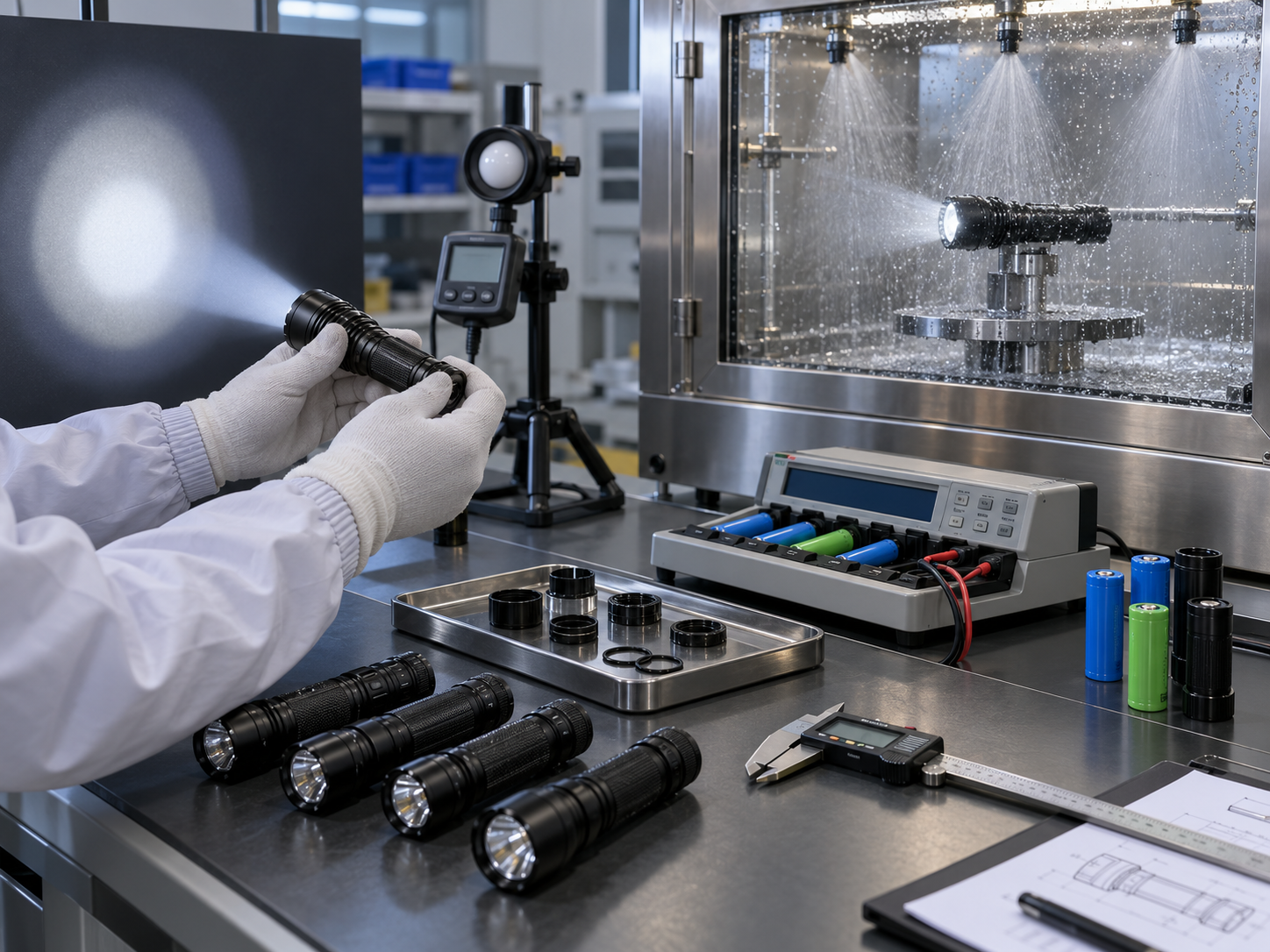 Technician inspecting LED flashlightes at a quality desk